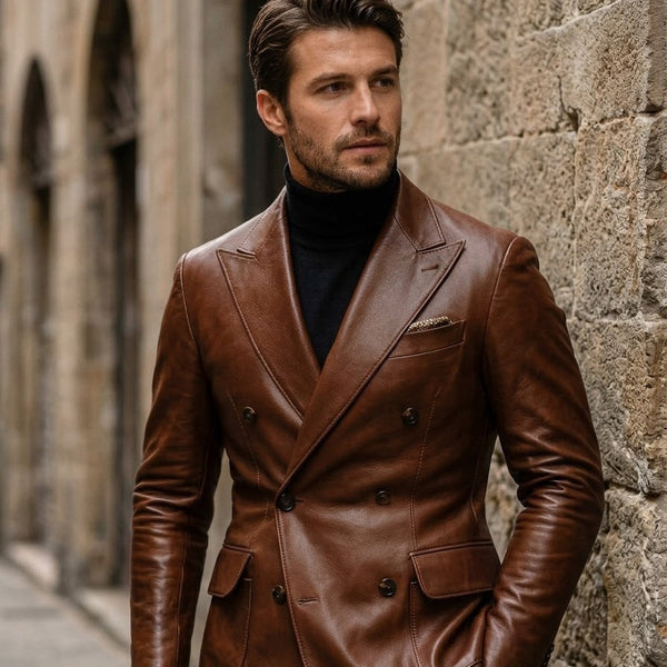 Taj Bespoke Cognac Double-Breasted Leather Blazer Close-up 1