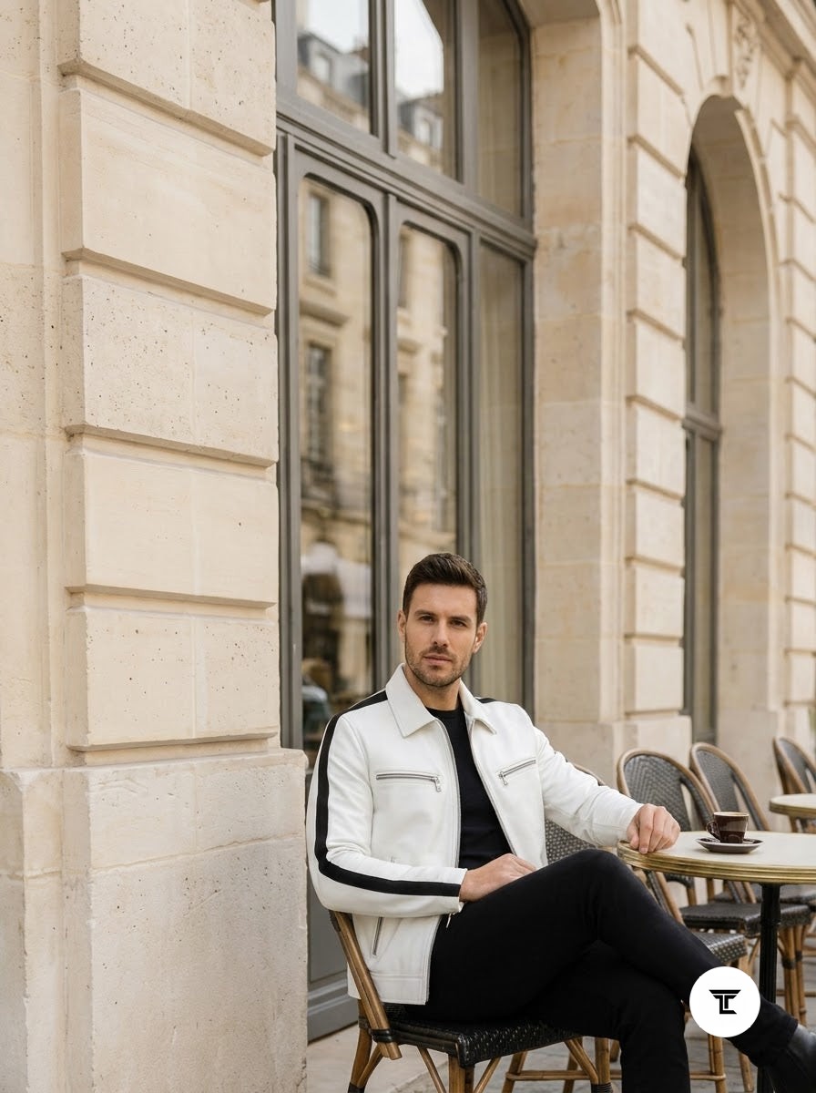 Taj Signature Alpine White Twin-Stripe Cafe Racer Jacket