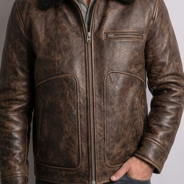 Taj Imperial Nordic Brown Shearling Collar Flight Jacket Close-up 3