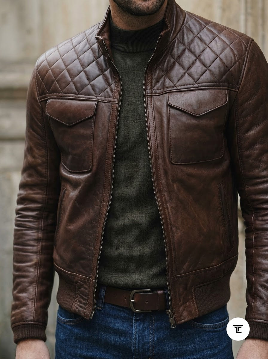 Taj Heritage Roadster Quilted Brown Leather Jacket