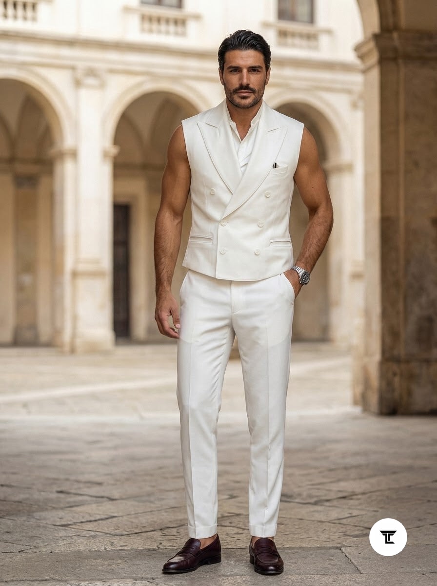 Taj Royal Ivory Double-Breasted Sleeveless Leather Vest - View 1000166284