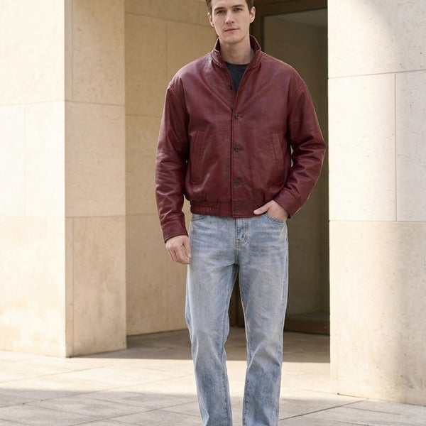 Taj Signature Crimson Burgundy Leather Bomber Close-up 2