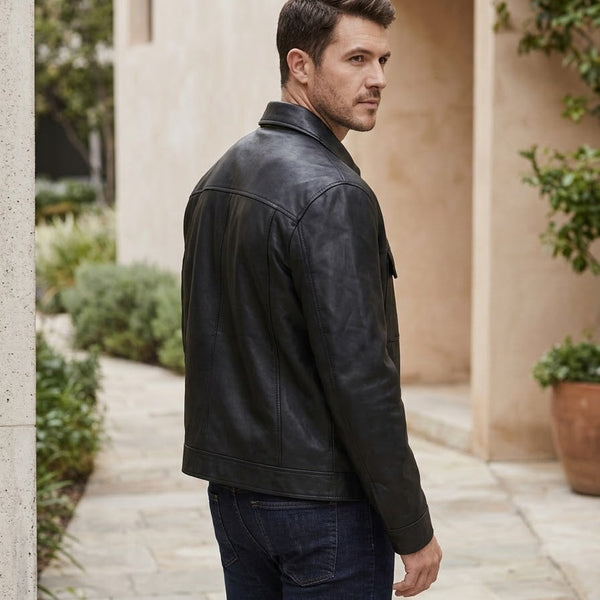 Taj Signature Metropolitan Black Leather Overshirt Close-up 2
