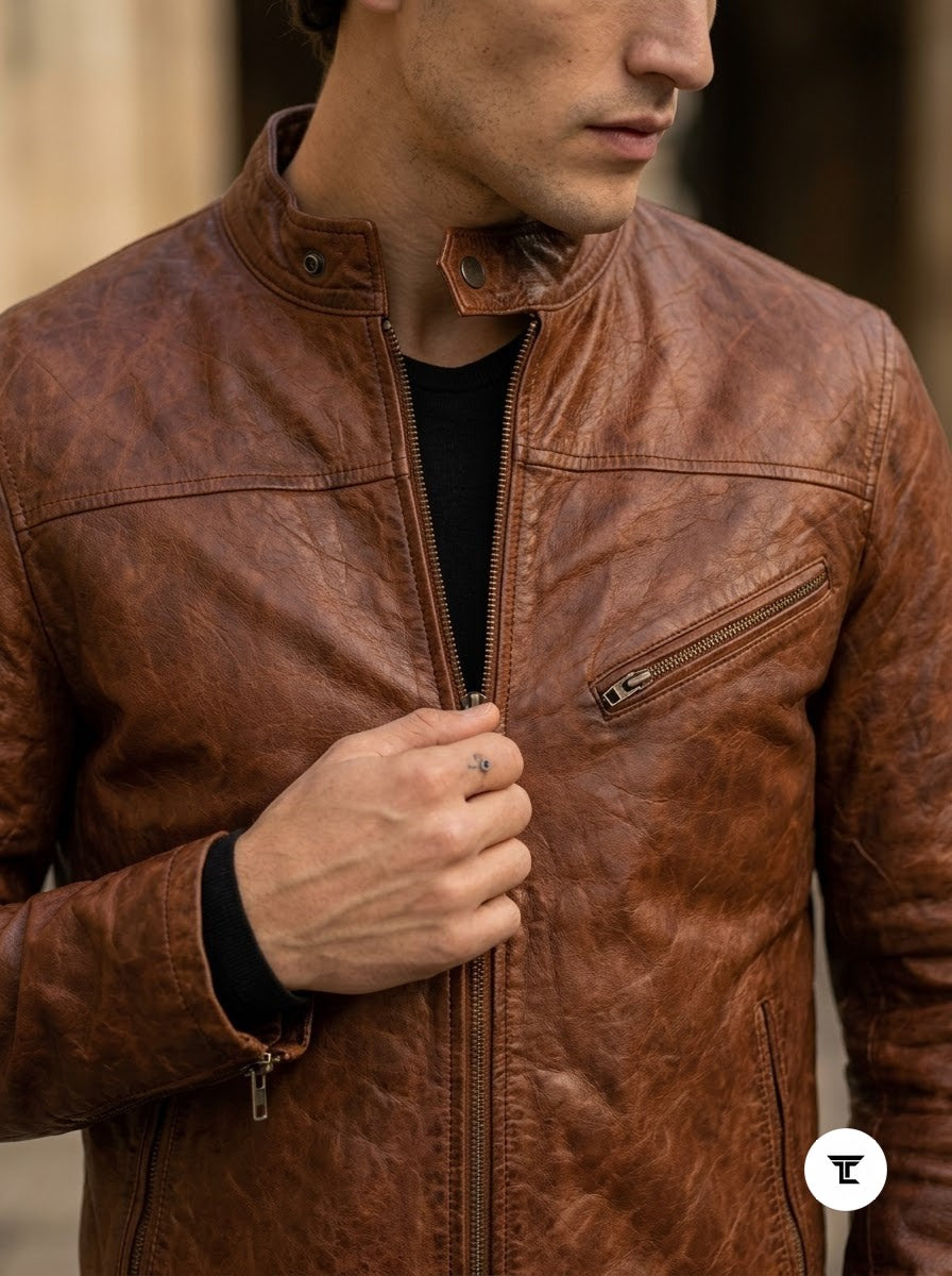 Taj Signature Verona Cognac Tan Distressed Cafe Racer Jacket - View 1000166699