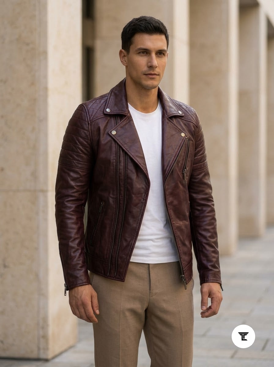 Taj Signature Cognac Biker Leather Jacket