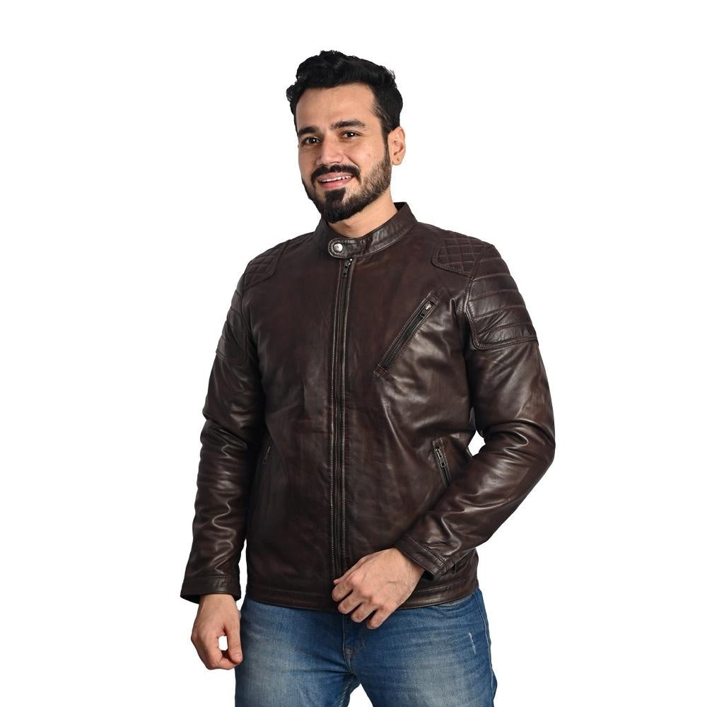 Dark Brown Men's Solid Leather Jacket - Stylish and Durable