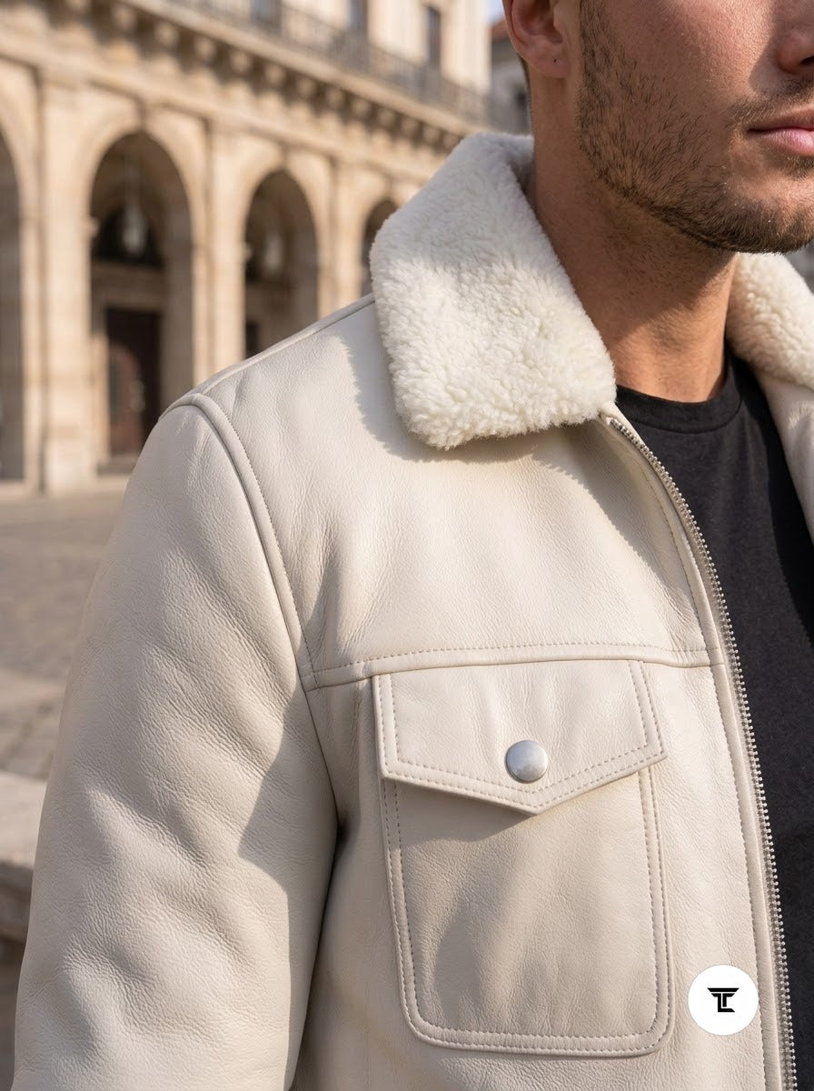 Taj Bespoke Aspen Off-White Sherpa Collar Leather Trucker Jacket