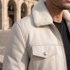 Taj Bespoke Aspen Off-White Sherpa Collar Leather Trucker Jacket