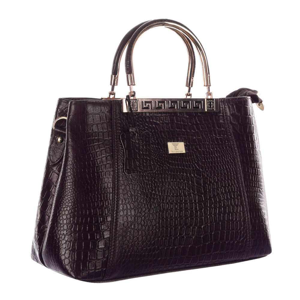 TAJ LEATHER Genuine Leather Handbag for Women, Premium Crocodile Textured Tote Bag with Zipper, Spacious Ladies Purse for Office, Work, Shopping & Daily Use