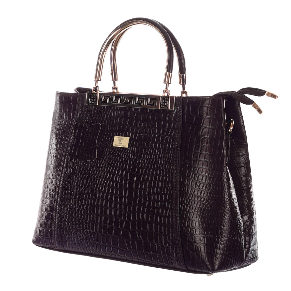 TAJ LEATHER Genuine Leather Handbag for Women, Premium Crocodile Textured Tote Bag with Zipper, Spacious Ladies Purse for Office, Work, Shopping & Daily Use