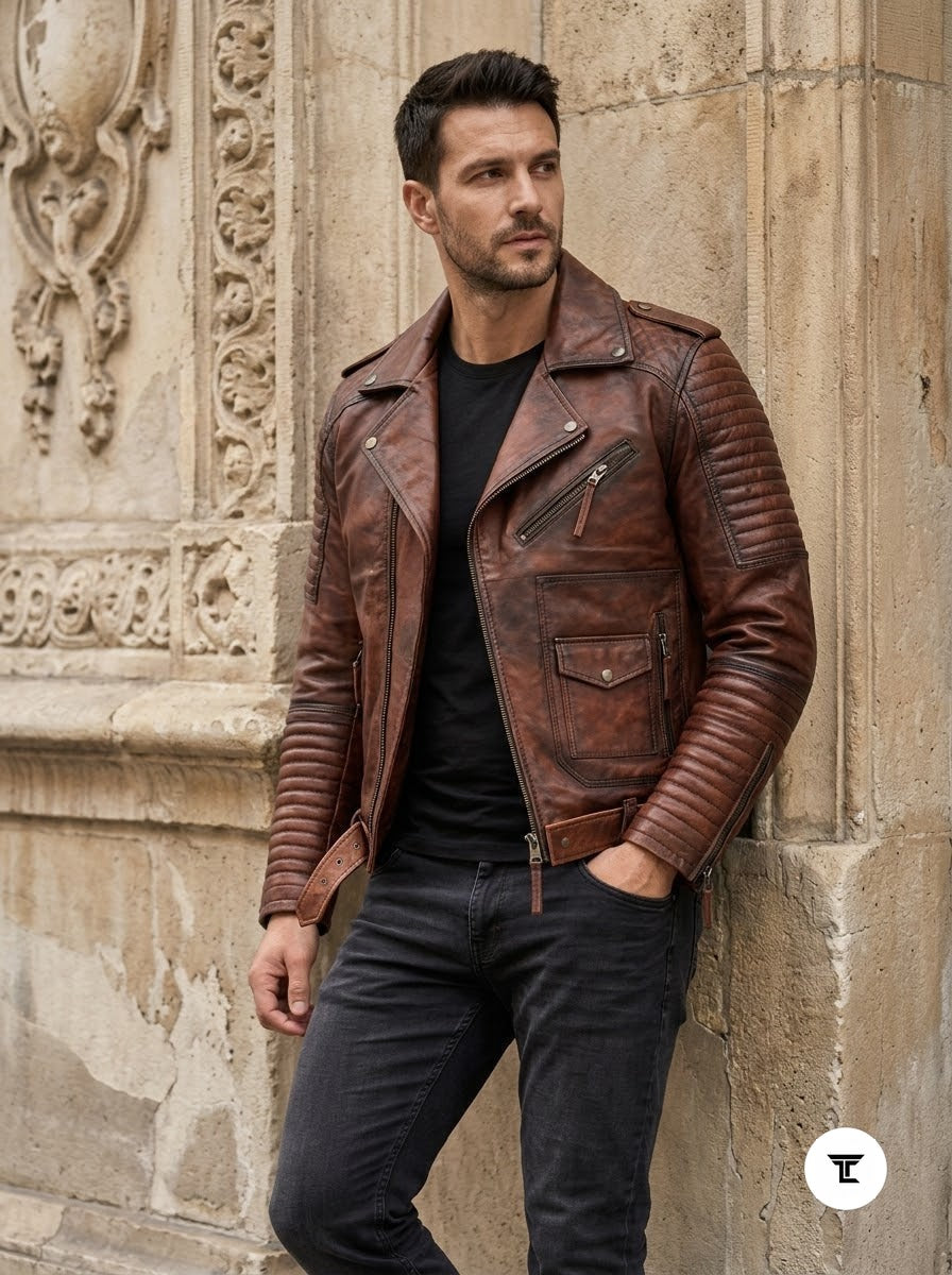 Taj Heritage Dakota Distressed Cognac Moto Leather Jacket