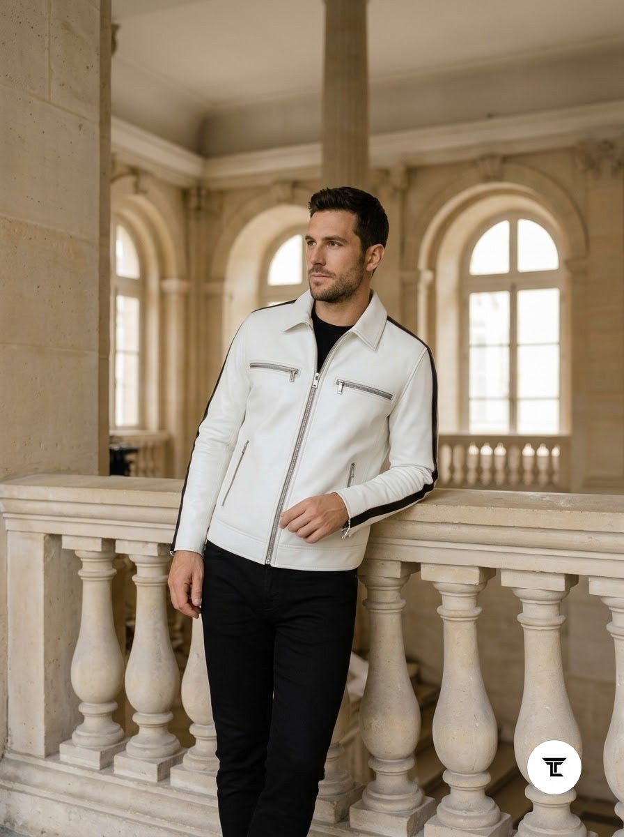 Taj Signature Alpine White Twin-Stripe Cafe Racer Jacket