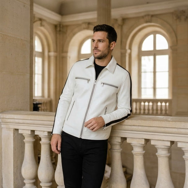 Taj Signature Alpine White Twin-Stripe Cafe Racer Jacket Close-up 1