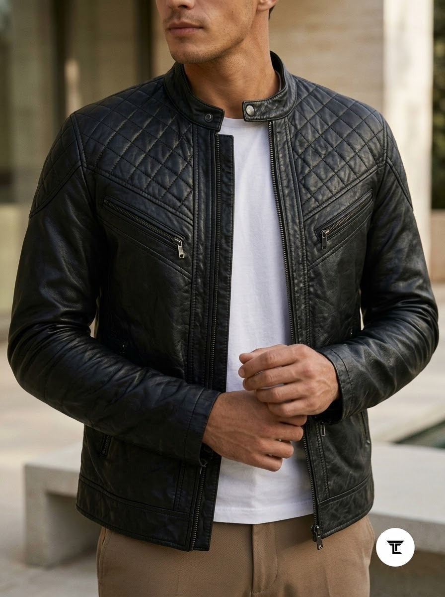 Taj Signature Matrix Diamond-Quilted Black Leather Jacket