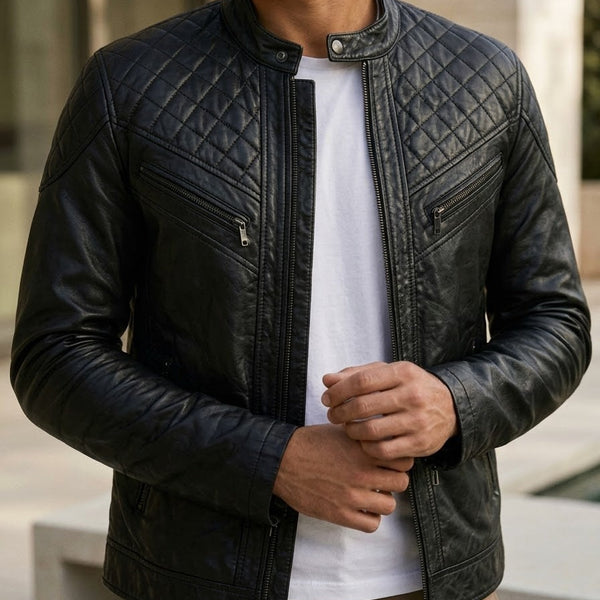 Taj Signature Matrix Diamond-Quilted Black Leather Jacket Close-up 1