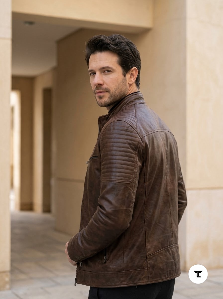 Taj Signature Chestnut Diamond-Stitch Cafe Racer Jacket