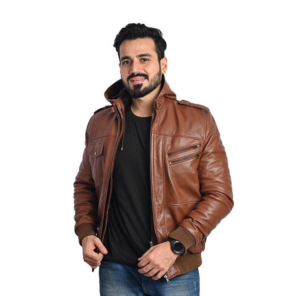Men's Hooded Leather Jacket - Multi-Pocket Design with Left and Right Pockets