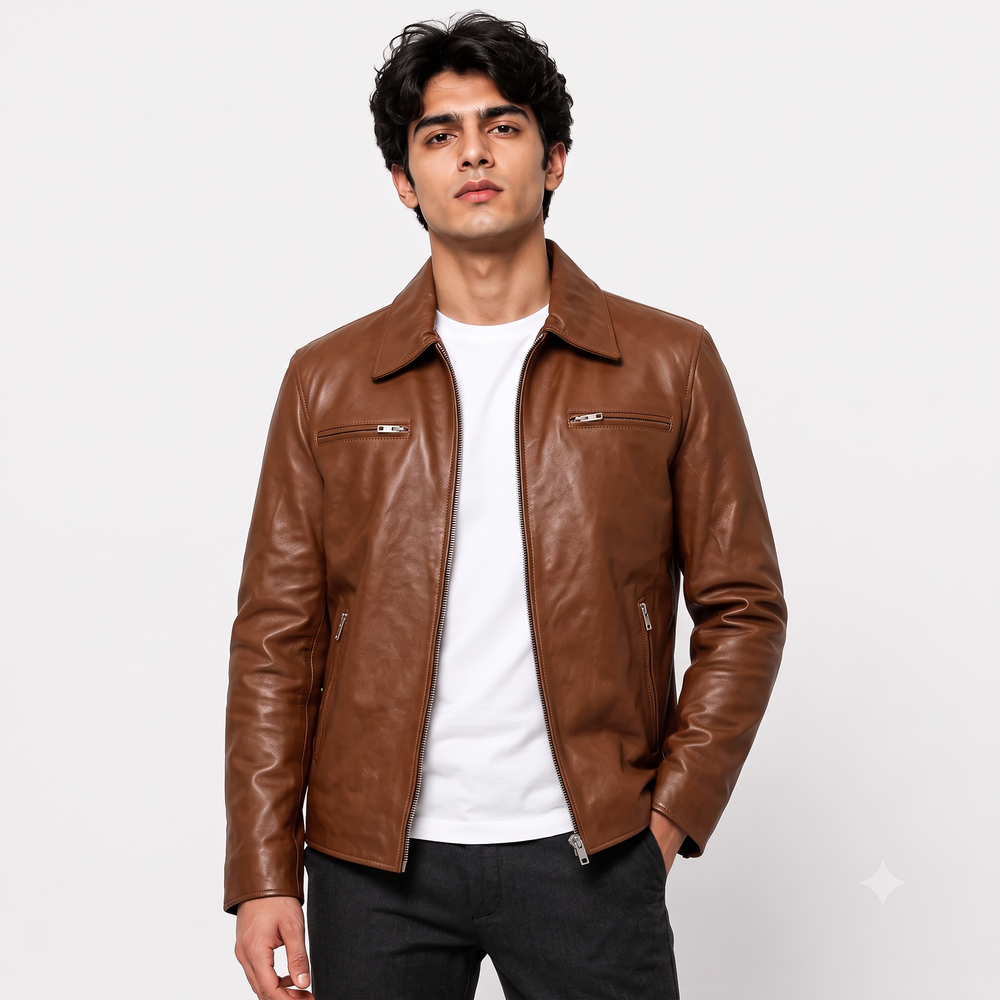 Caramel Brown Classic Shirt Collar Leather Jacket
