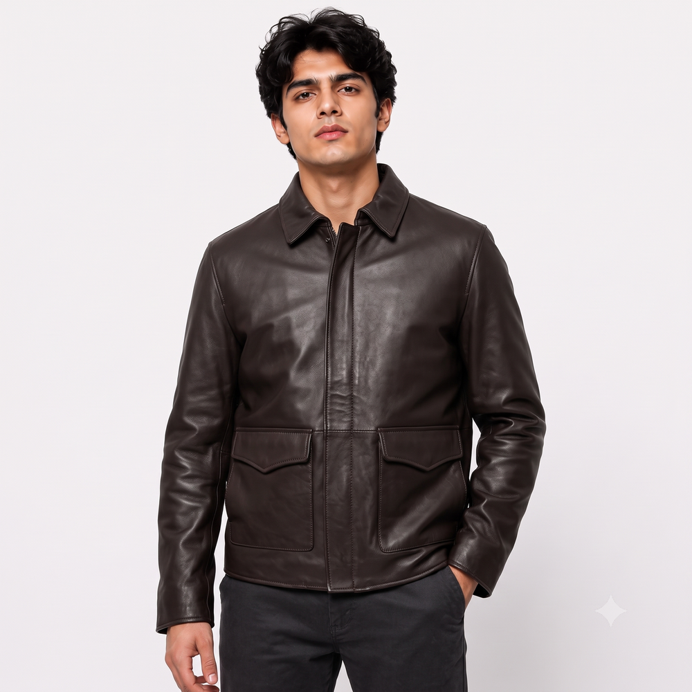 Classic Dark Brown Cargo Pocket Shirt Collar Leather Jacket