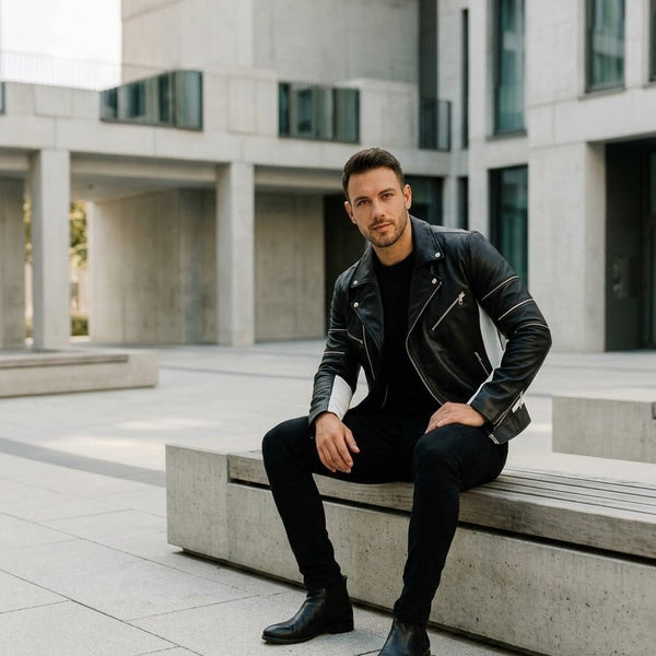 Taj Signature Stealth Black Biker Leather Jacket Close-up 3