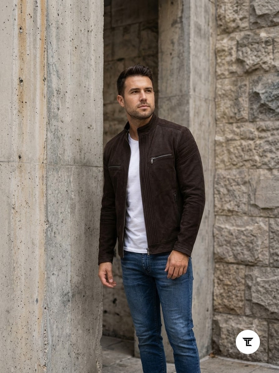 Taj Signature Chocolate Velour Suede Cafe Racer Jacket