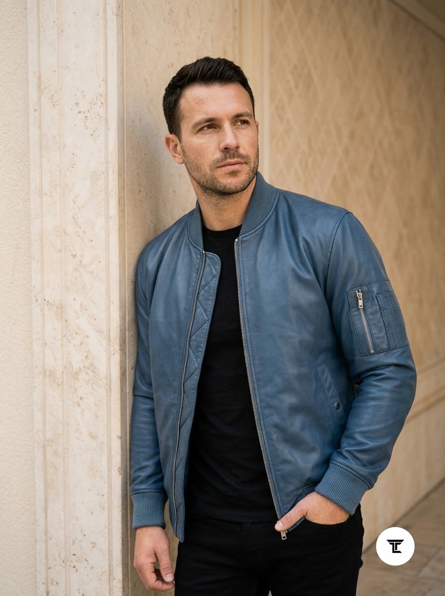 Taj Bespoke Air Force Slate Blue MA-1 Leather Bomber Jacket - View 1000166314