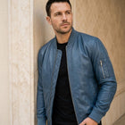 Taj Bespoke Air Force Slate Blue MA-1 Leather Bomber Jacket - View 1000166314