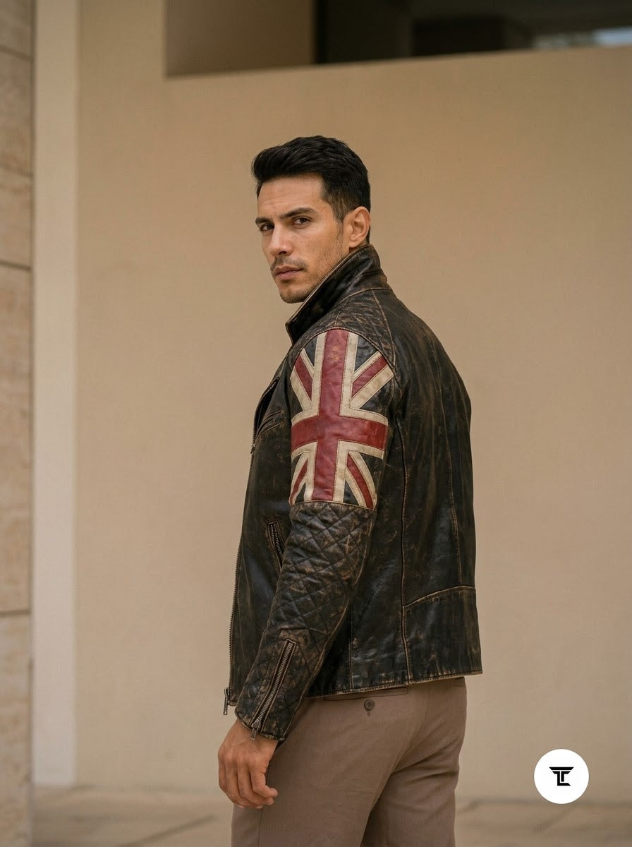 Taj Heritage Britannia Vintage Union Jack Leather Biker Jacket - View 1000166368