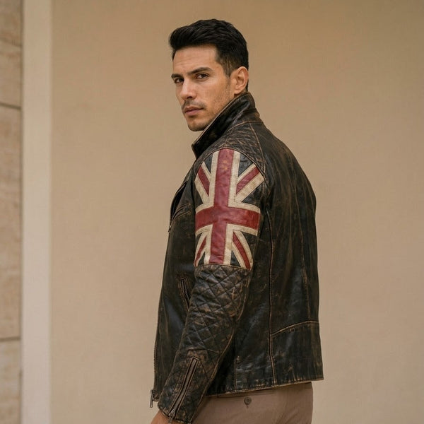 Taj Heritage Britannia Vintage Union Jack Leather Biker Jacket Close-up 1