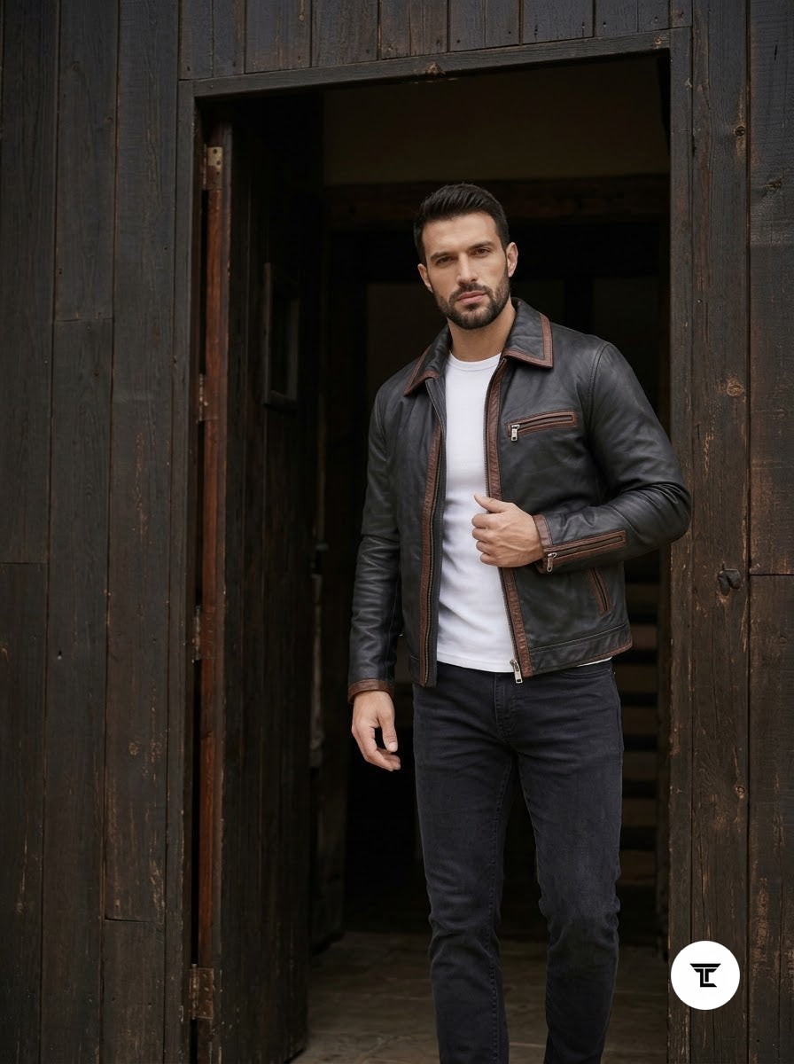 Taj Heritage Rustica Washed Cafe Racer Leather Jacket