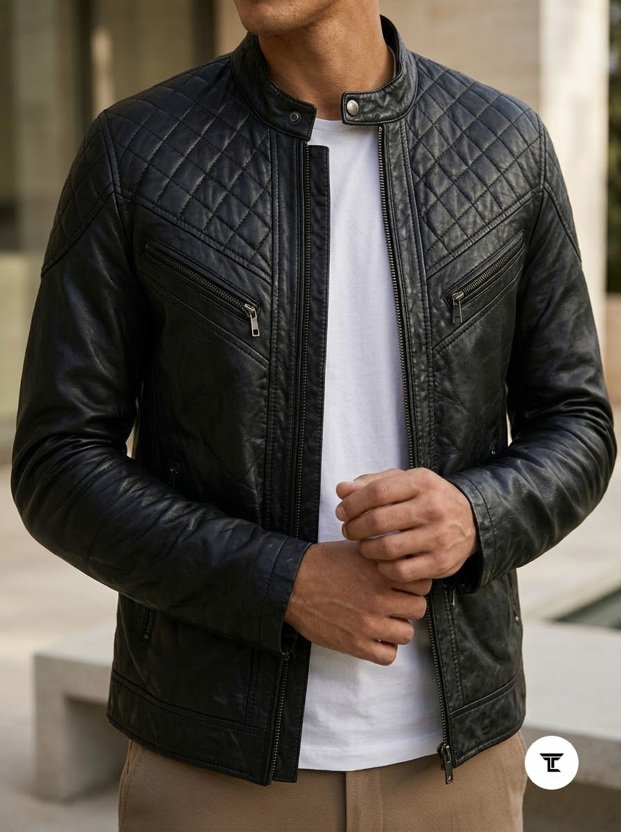 Taj Signature Matrix Diamond-Quilted Black Leather Jacket