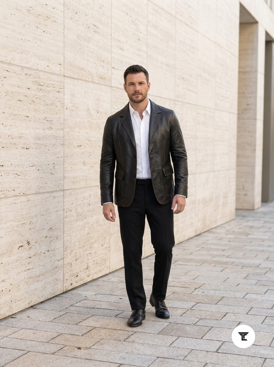 Taj Bespoke Executive Black Nappa Leather Two-Button Blazer