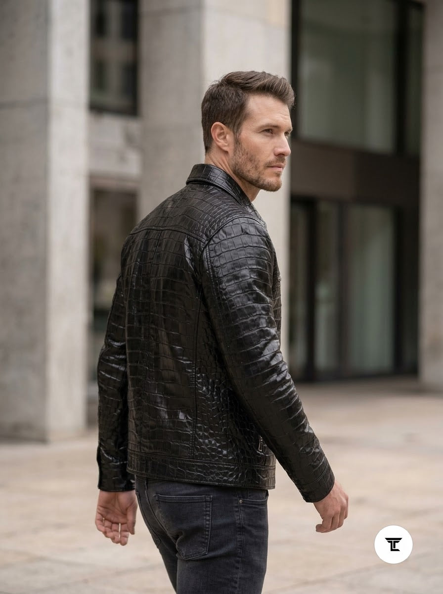 Taj Artisan Milan Black Crocodile Pattern Leather Overshirt - View 1000166374
