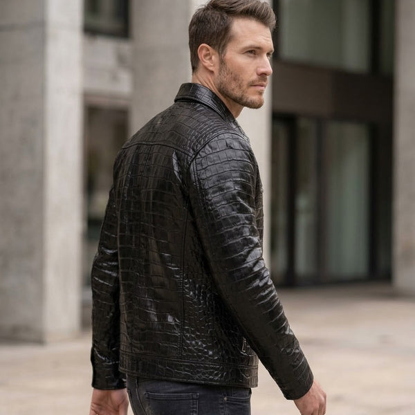 Taj Artisan Milan Black Crocodile Pattern Leather Overshirt Close-up 2