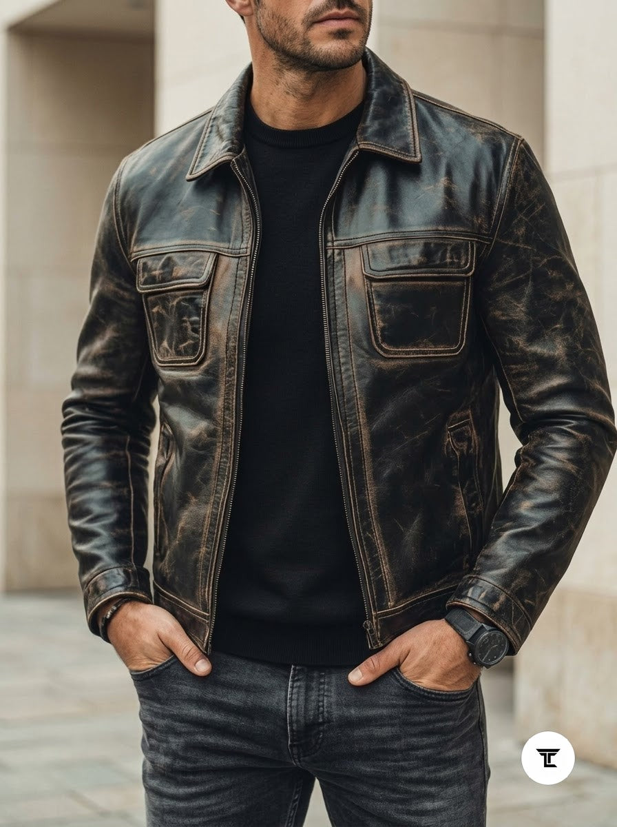 Taj Heritage Detroit Distressed Charcoal Leather Trucker Jacket - View 1000166380