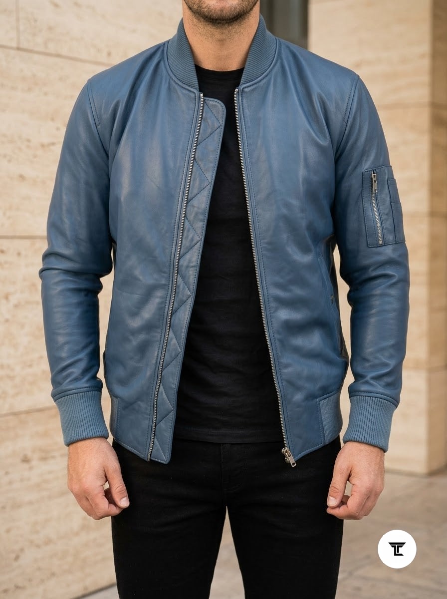 Taj Bespoke Air Force Slate Blue MA-1 Leather Bomber Jacket - View 1000166318