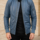 Taj Bespoke Air Force Slate Blue MA-1 Leather Bomber Jacket - View 1000166318