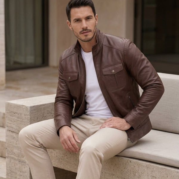 Taj Heritage Chestnut Harrington Leather Jacket Close-up 3