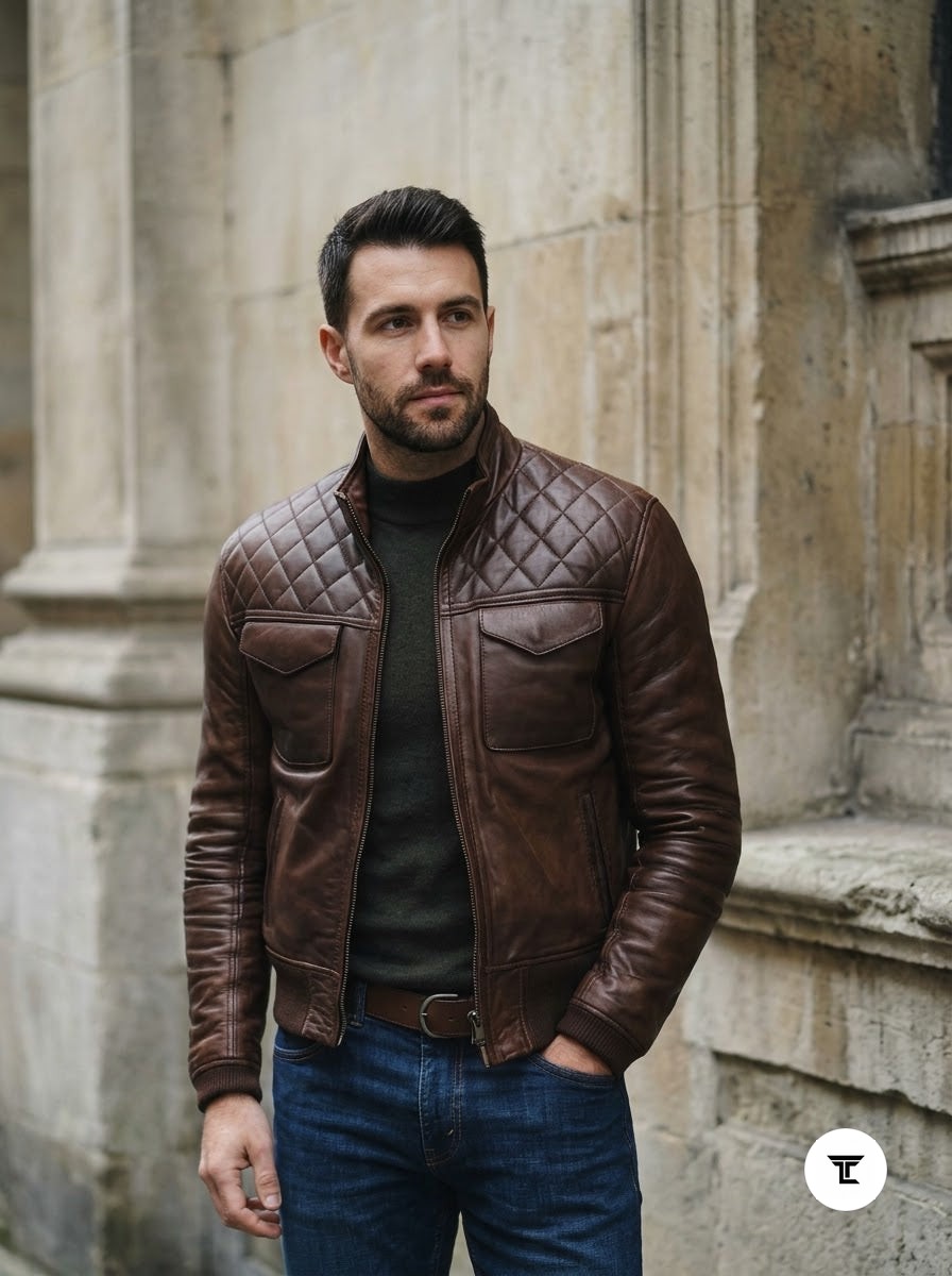 Taj Heritage Roadster Quilted Brown Leather Jacket