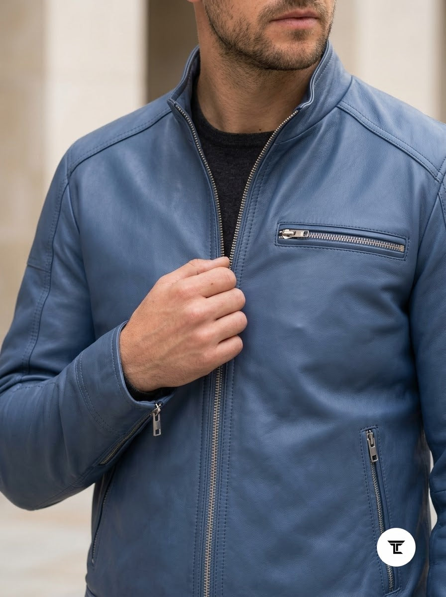 Taj Bespoke Air Force Slate Blue Lambskin Cafe Racer Leather Jacket - View 1000166676