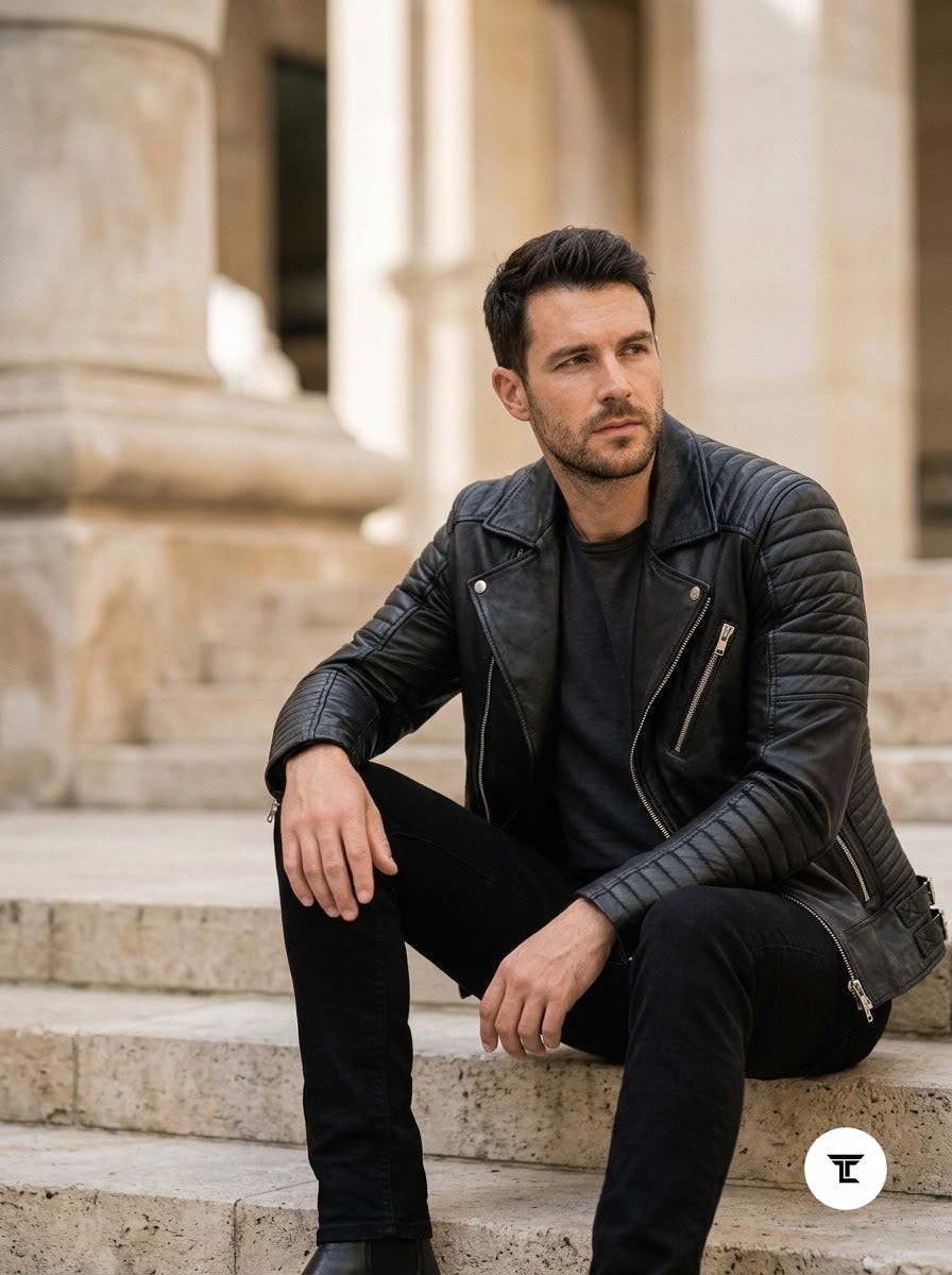 Taj Bespoke Phantom Ribbed Asymmetric Biker Leather Jacket