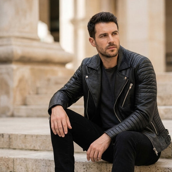 Taj Bespoke Phantom Ribbed Asymmetric Biker Leather Jacket Close-up 2