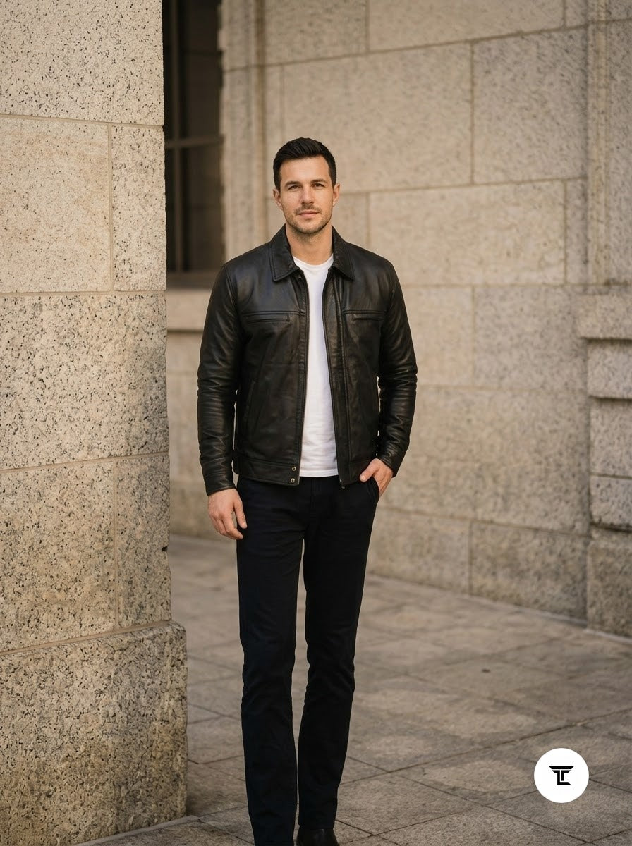 Taj Bespoke Hudson Black Leather Casual Shirt Jacket
