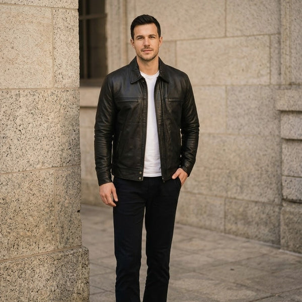 Taj Bespoke Hudson Black Leather Casual Shirt Jacket Close-up 1