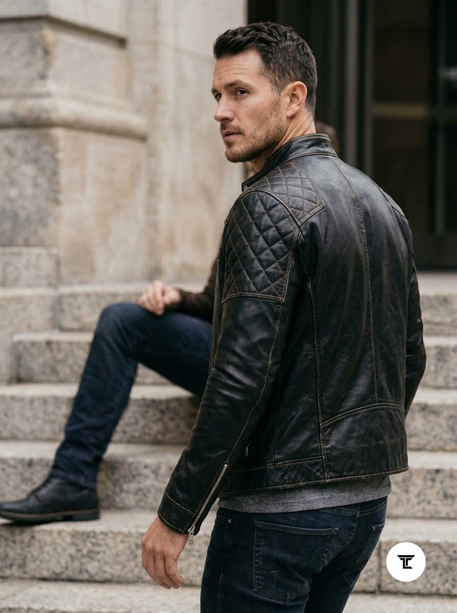 Taj Signature Stealth Diamond-Panel Black Biker Jacket