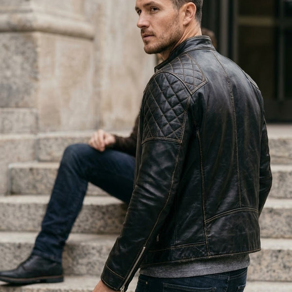Taj Signature Stealth Diamond-Panel Black Biker Jacket Close-up 2