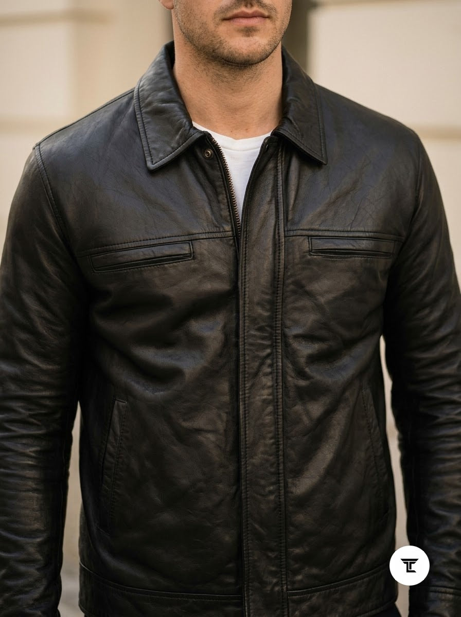 Taj Signature Vanguard Black Leather Collared Zip Jacket