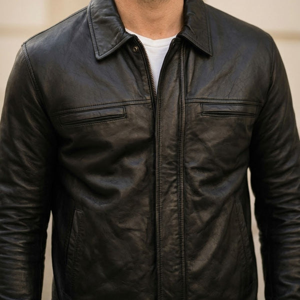 Taj Signature Vanguard Black Leather Collared Zip Jacket Close-up 1