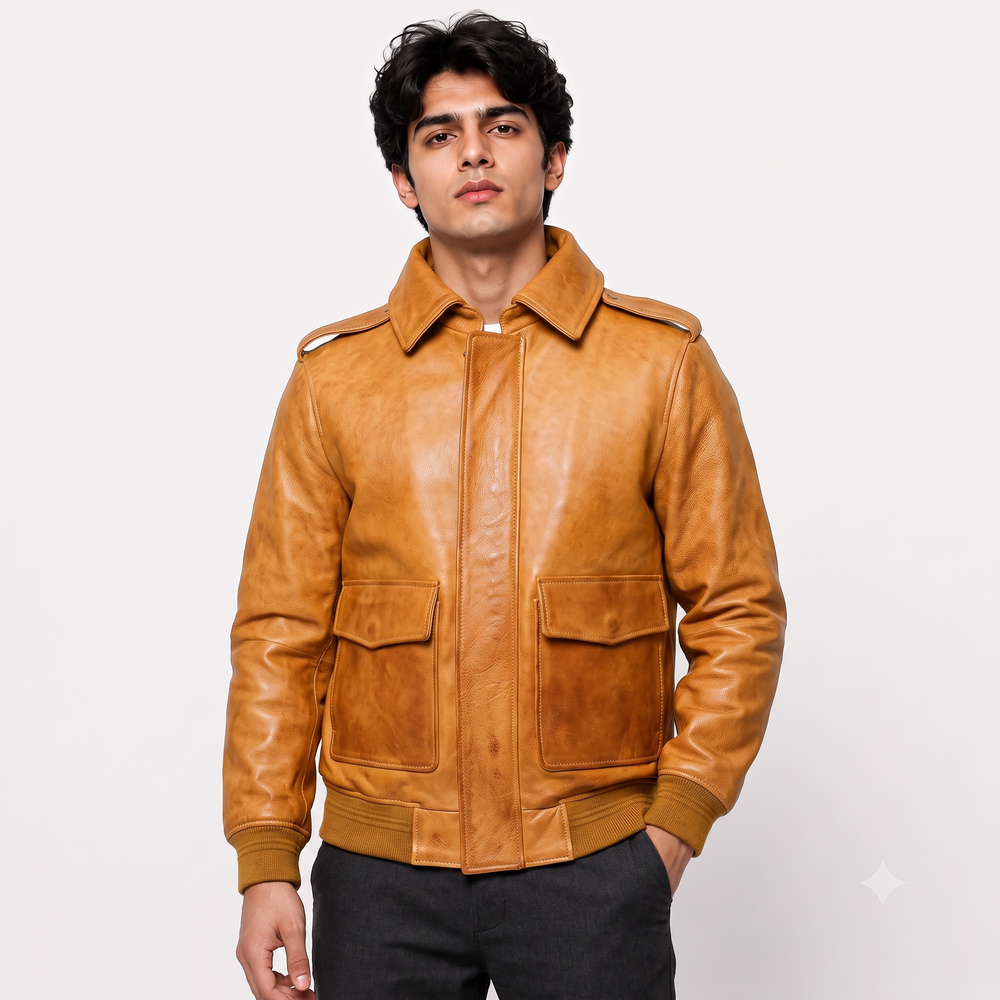 Mustard Tan A-2 Flight Leather Bomber Jacket