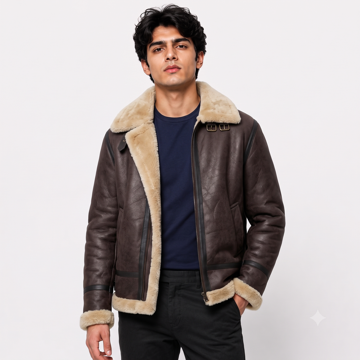 Dark Brown B-3 Sheepskin Shearling Aviator Flight Leather Jacket